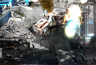 John Connor dégomme les Terminator depuis un hélicoptère.